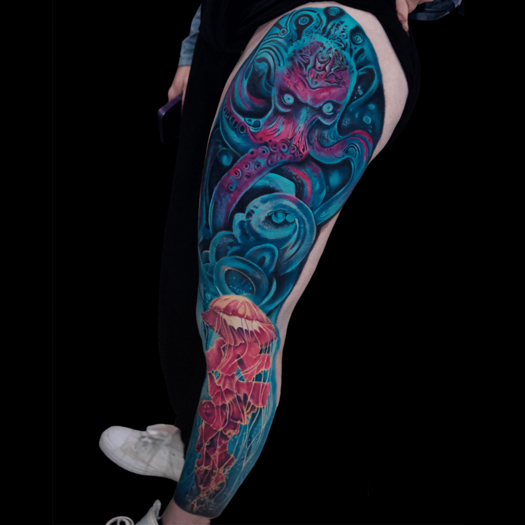 Tattoo with gradient transition from line art to vibrant colors on Craiyon